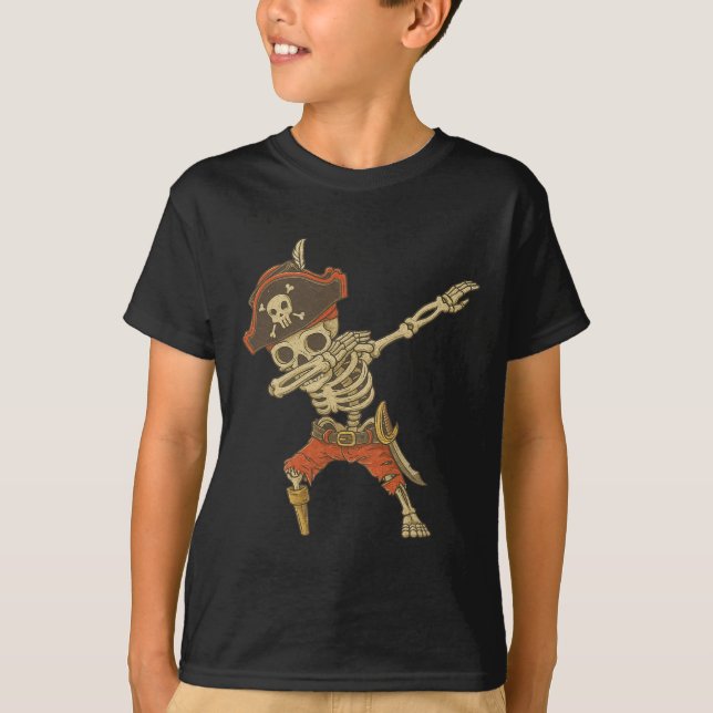 Dabbing Skeleton Pirat Halloween Kids Jolly Roger T Shirt (Framsida)