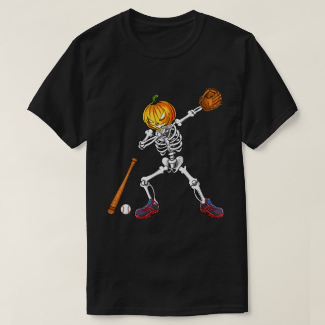 Dabbing Skeleton Pumpkin Baseball Halloween T Shirt (Design framsida)