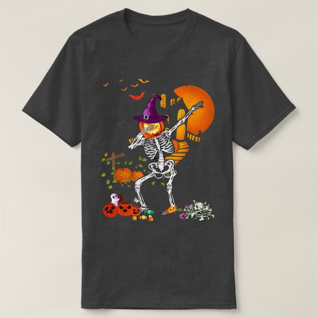 Dabbing Skeleton Pumpkin Dance Funny Halloween Tha T Shirt (Design framsida)