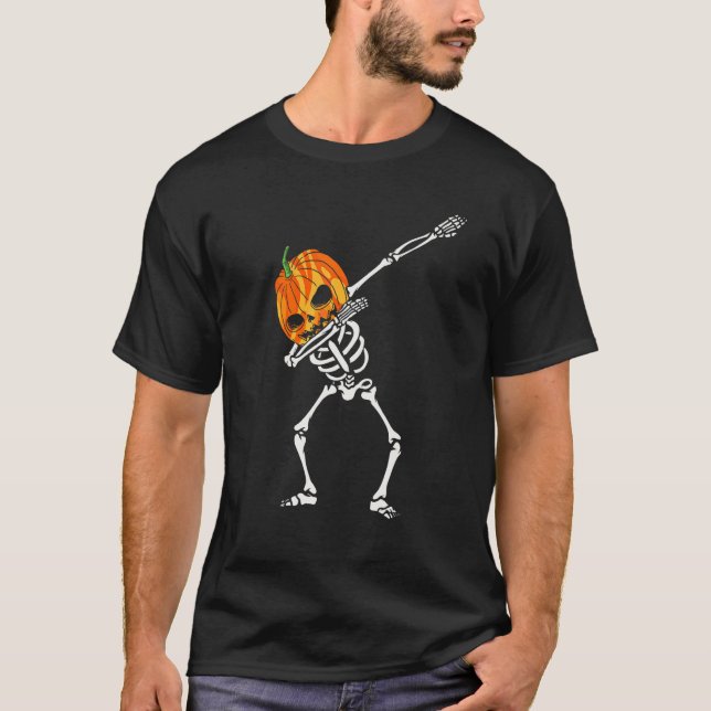 Dabbing Skeleton Pumpkin Head Halloween Dancing T Shirt (Framsida)