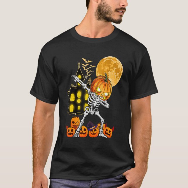 Dabbing Skeleton Pumpkin Jackolantern Halloween K T Shirt (Framsida)