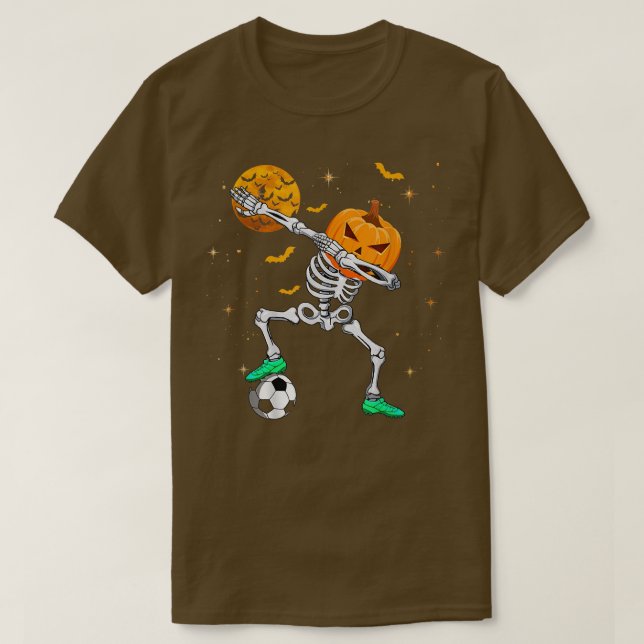Dabbing Skeleton Pumpkin Soccer Halloween Boys Gir T Shirt (Design framsida)