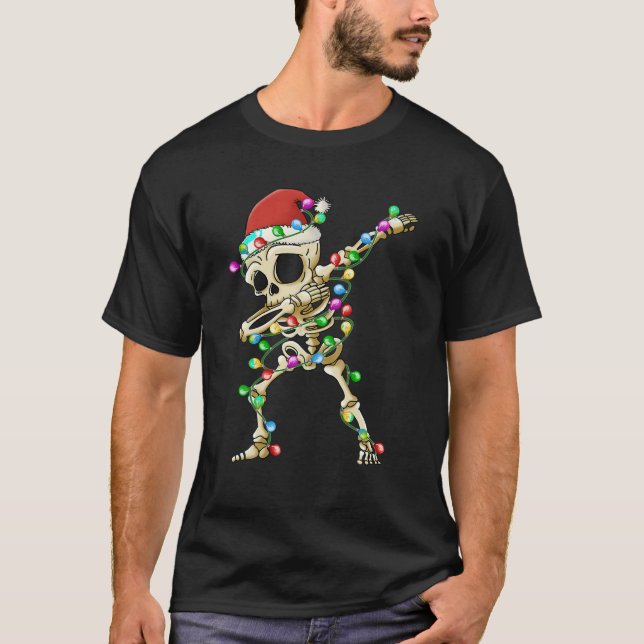 Dabbing Skeleton Santa Julgran Ljus Julafton T Shirt (Framsida)