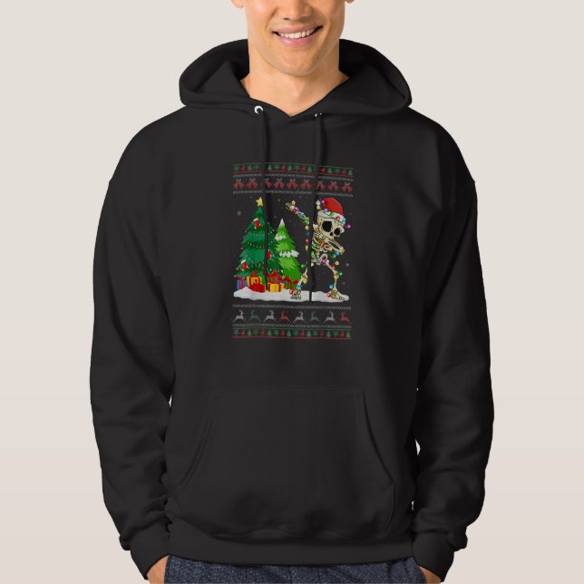 Dabbing Skeleton Tree Santa Hat Ugly Christmas Swe Hoodie (Framsida)