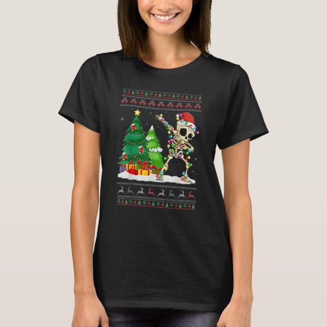 Dabbing Skeleton Tree Santa Hat Ugly Christmas Swe T Shirt (Framsida)