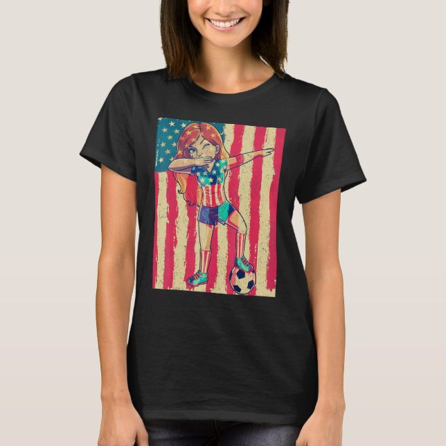 Dabbing Soccer Women Girl USA 4th of July American T Shirt (Framsida)