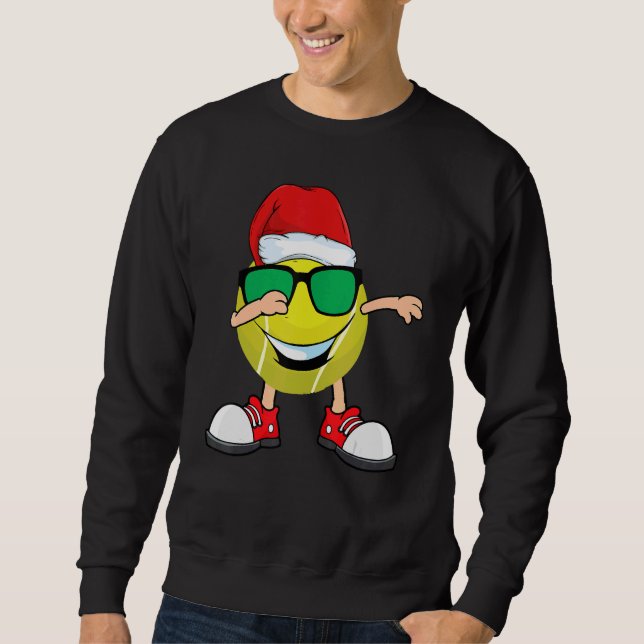 Dabbing Tennis Boll Santa Hat Sunglasses Christm Lång Ärmad Tröja (Framsida)