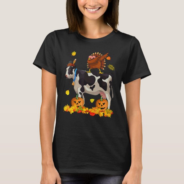 Dabbing Turkey Riding Cow Thanksgiving Turkey Cow T Shirt (Framsida)