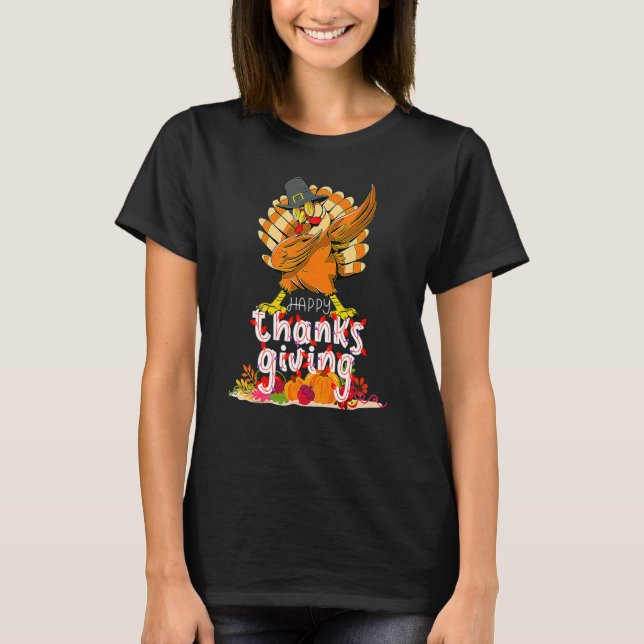 Dabbing Turkey Thanksgiving Day Pilgrim Boys Girls T Shirt (Framsida)