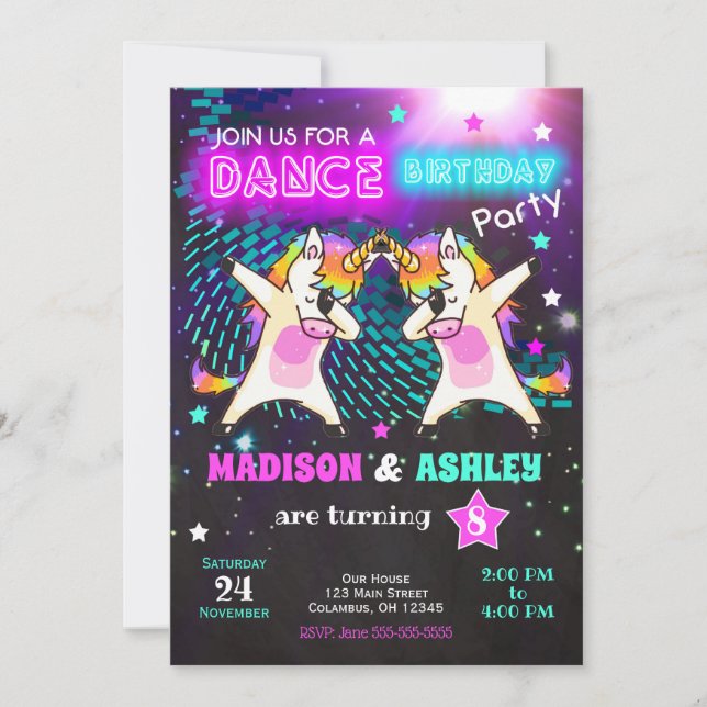 Dabbing Unicorn Birthday bjudande/Joint Party Inbjudningar (Framsida)