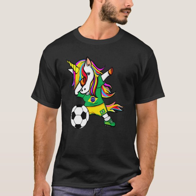Dabbing Unicorn Brazball Brazilian Flagga Soc T Shirt (Framsida)