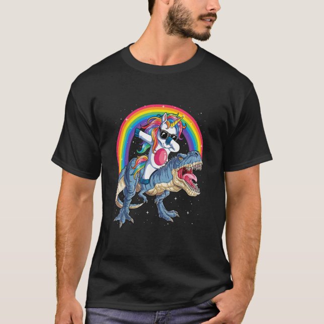 Dabbing Unicorn Dinosaur T rex Boys Girls Rainbow T Shirt (Framsida)