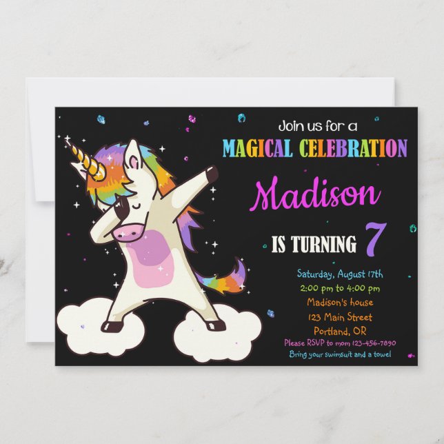 Dabbing Unicorn-födelsedagsinbjudan Magic party Inbjudningar (Framsida)