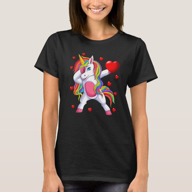 Dabbing Unicorn Funny Women Girls Heart Valentine T Shirt (Framsida)