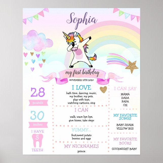 Dabbing Unicorn Girl First Birthday Milestone Poster (Framsidan)