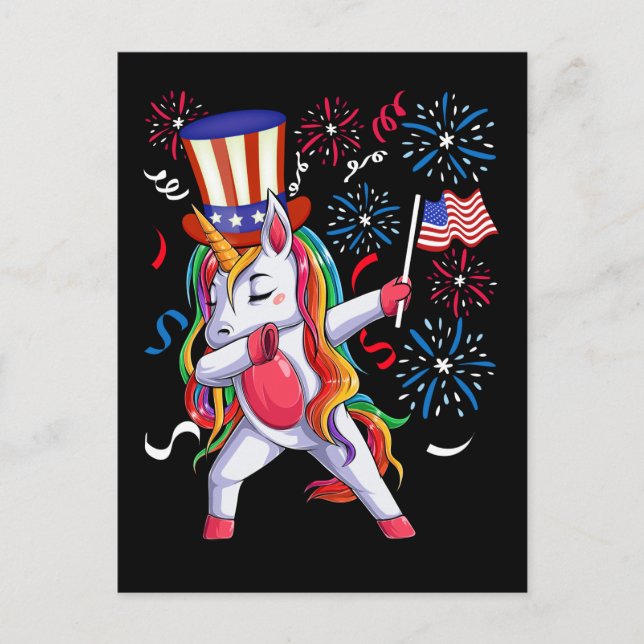Dabbing Unicorn Girls 4:e juli Kvinnor USA Vykort (Framsida)