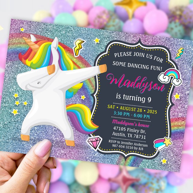 Dabbing Unicorn-inbjudan till Dance Party Inbjudningar (Dabbing Unicorn Invitation for Dance Party)