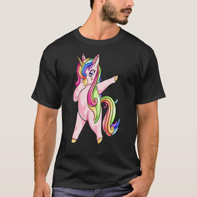 Dabbing Unicorn med regnbåge Hair Dabbin Dance T Shirt (Framsida)