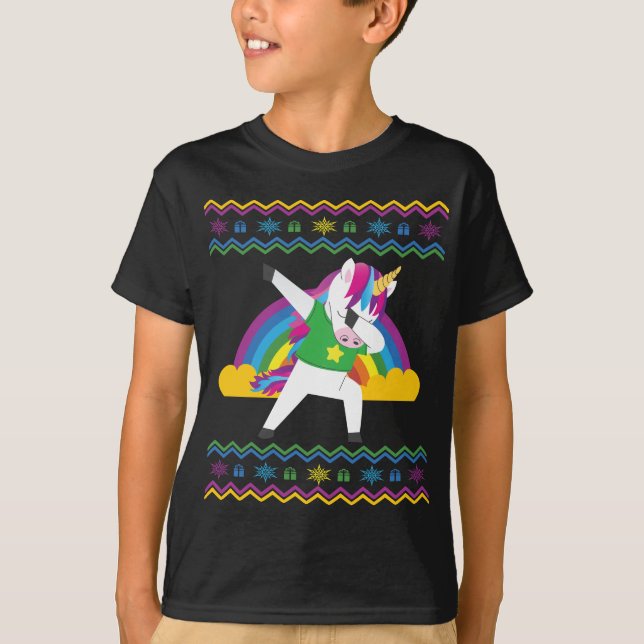 Dabbing Unicorn Rainbow Ugly jul Sweater T Shirt (Framsida)