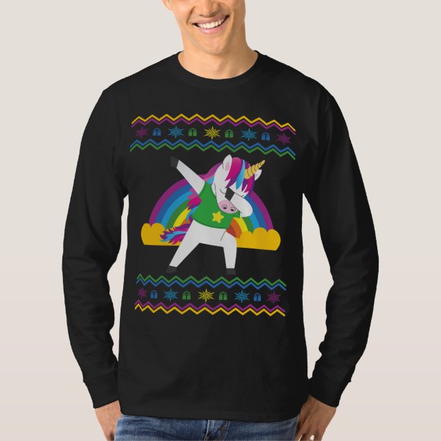 Dabbing Unicorn Rainbow Ugly jul Sweater T Shirt (Framsida)