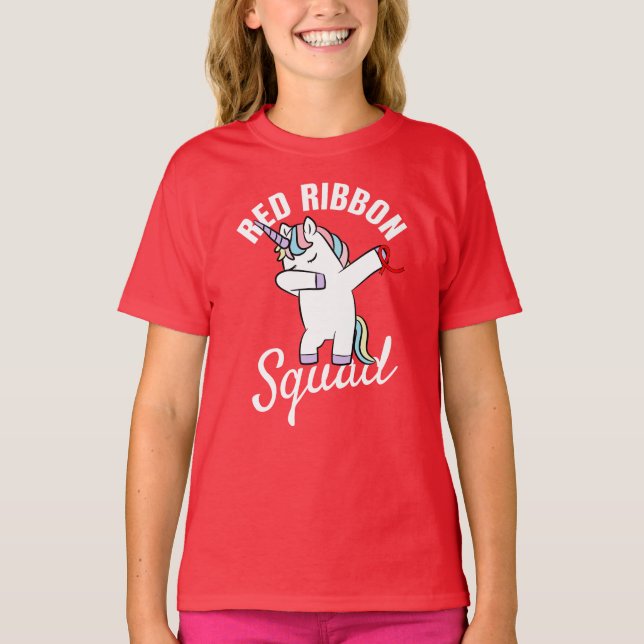 Dabbing Unicorn Red Ribbon Awareness Squad T Shirt (Framsida)