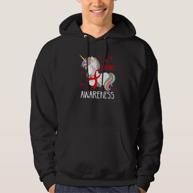 Dabbing Unicorn Red Ribbon Hiv Aids Awareness Supp Hoodie (Framsida)