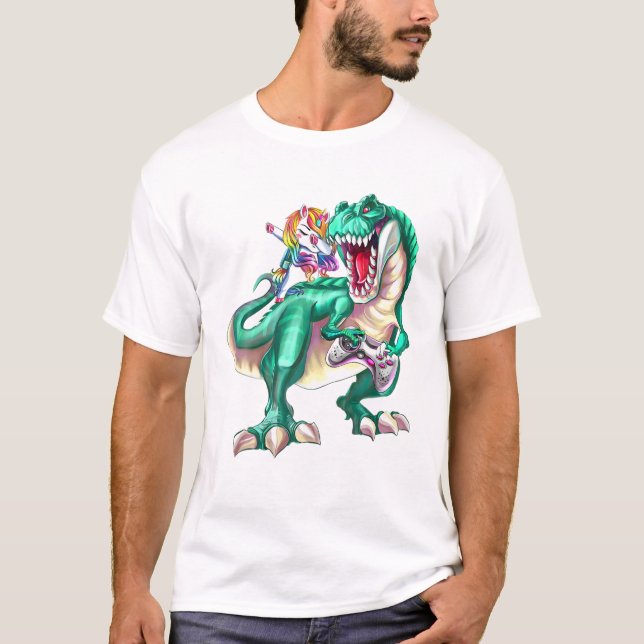 Dabbing Unicorn Riding Dinosaur with Game Control T Shirt (Framsida)