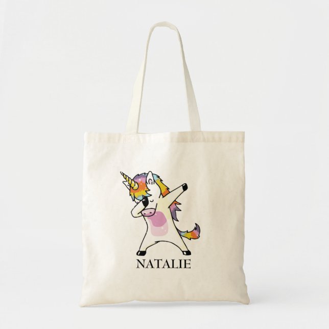 Dabbing Unicorn Roligt Kids Girls Rosa Personlig Tygkasse (Framsidan)