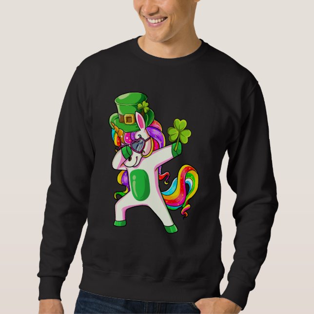 Dabbing Unicorn Shamrock Happy St Patricks Day Ire Lång Ärmad Tröja (Framsida)