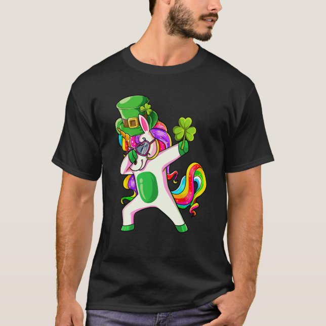 Dabbing Unicorn Shamrock Happy St Patricks Day Ire T Shirt (Framsida)