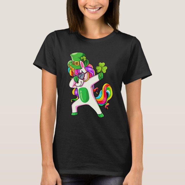 Dabbing Unicorn Shamrock Happy St Patricks Day Ire T Shirt (Framsida)