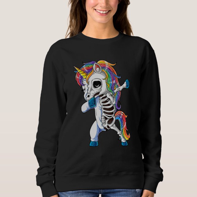 Dabbing Unicorn Skeleton Skulls Halloween Boys Gir T Shirt (Framsida)