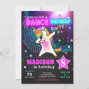 Dabbing Unicorns födelsedagsinbjudan / Dance Party Inbjudningar