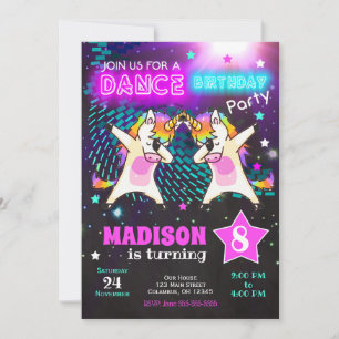 Dabbing Unicorns födelsedagsinbjudan / Dance Party Inbjudningar