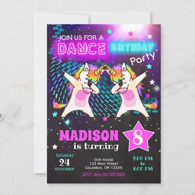Dabbing Unicorns födelsedagsinbjudan / Dance Party Inbjudningar (Framsida)