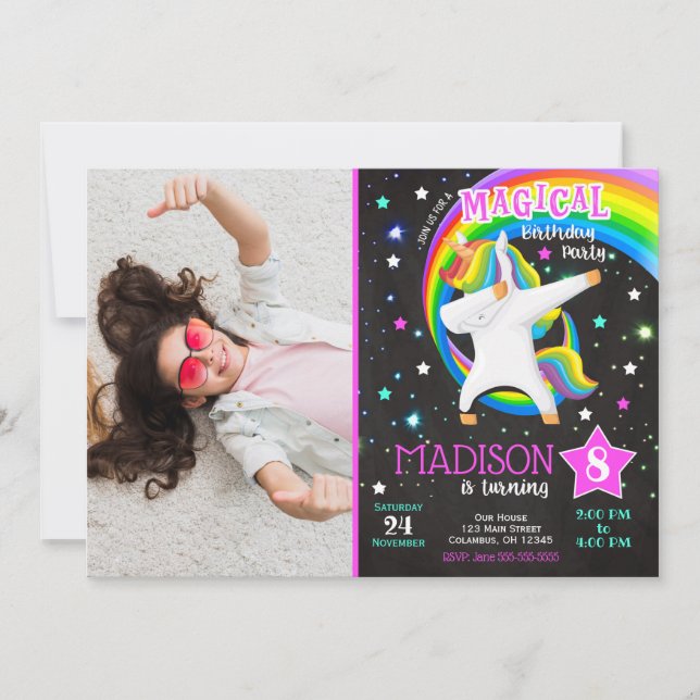 Dabbing Unicorns födelsedagsinbjudan med foto Inbjudningar (Framsida)
