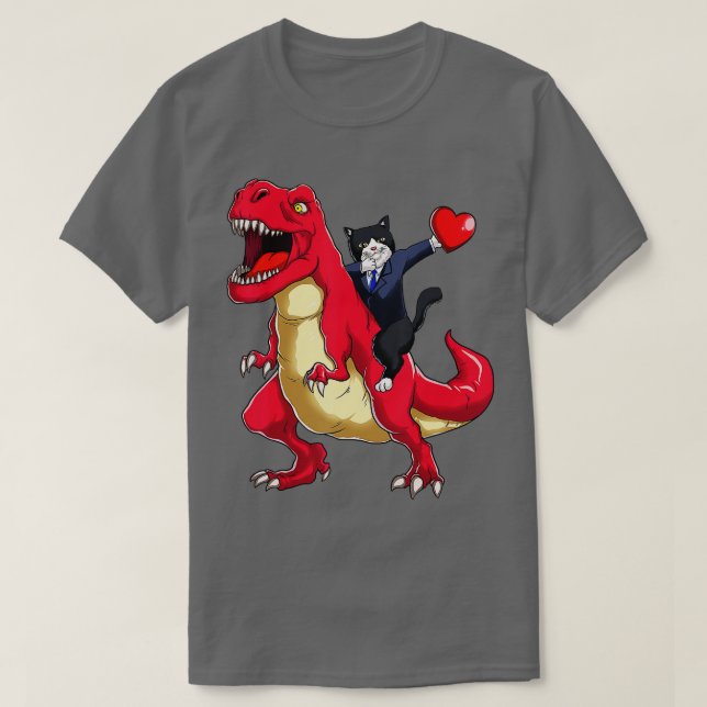 Dabbing uxedo Cat Riding Dinosaur Valentines day H T Shirt (Design framsida)