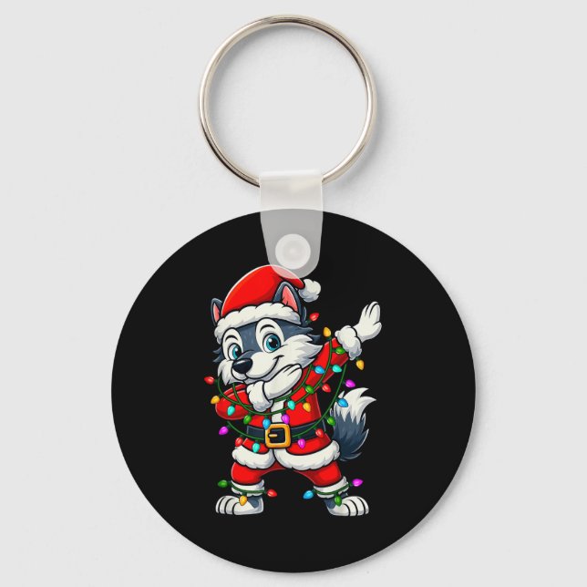 Dabbing Wolf Lights Santa Xmas Girls Boys Kids Chr Nyckelring (Framsida)