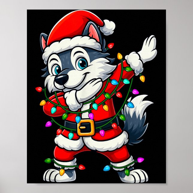 Dabbing Wolf Lights Santa Xmas Girls Boys Kids Chr Poster (Framsidan)