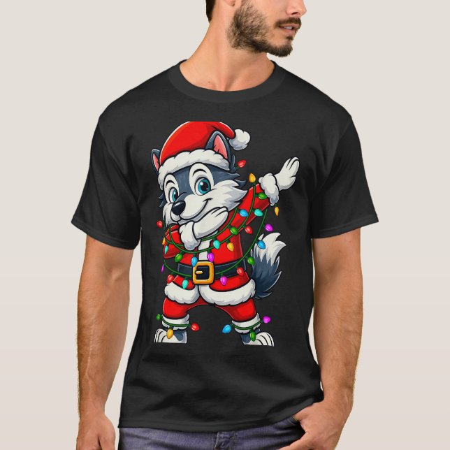 Dabbing Wolf Lights Santa Xmas Girls Boys Kids Chr T Shirt (Framsida)