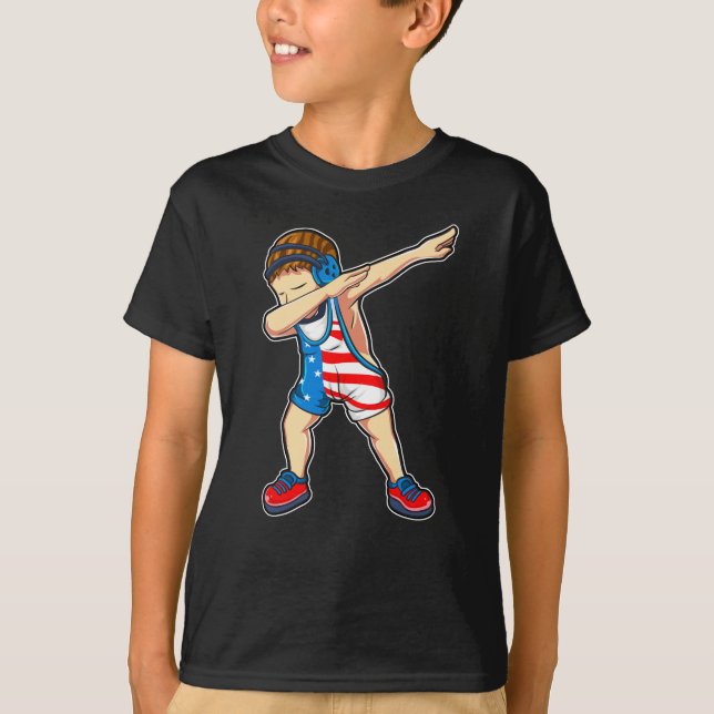 Dabbing Wrestling Boy Wrestler US Flagga T Shirt (Framsida)