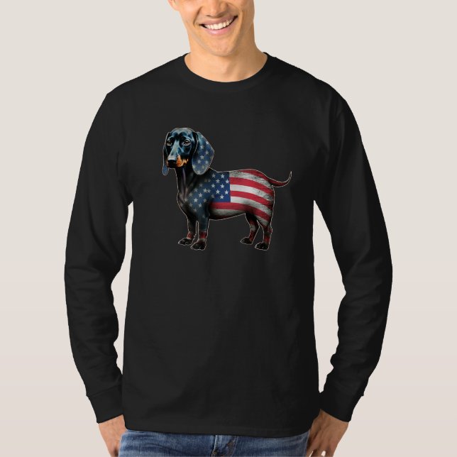 Dachshund 4th of July American Flag Dog  Men Women T Shirt (Framsida)