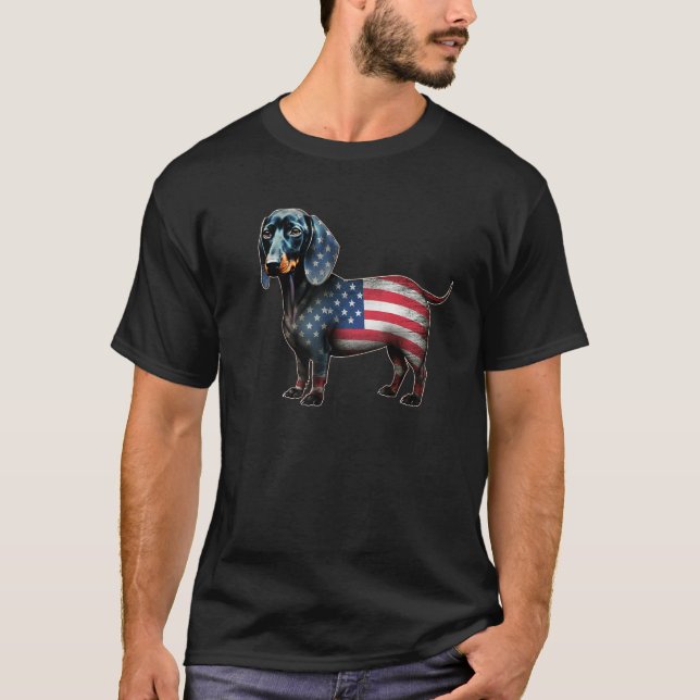 Dachshund 4th of July American Flag Dog  Men Women T Shirt (Framsida)