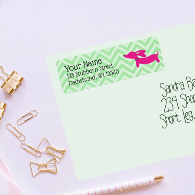 Dachshund Adressetiketters Preppy Rosa and Grönt Returadress Etikett (preppy pink and green dachshund envelope return address labels)