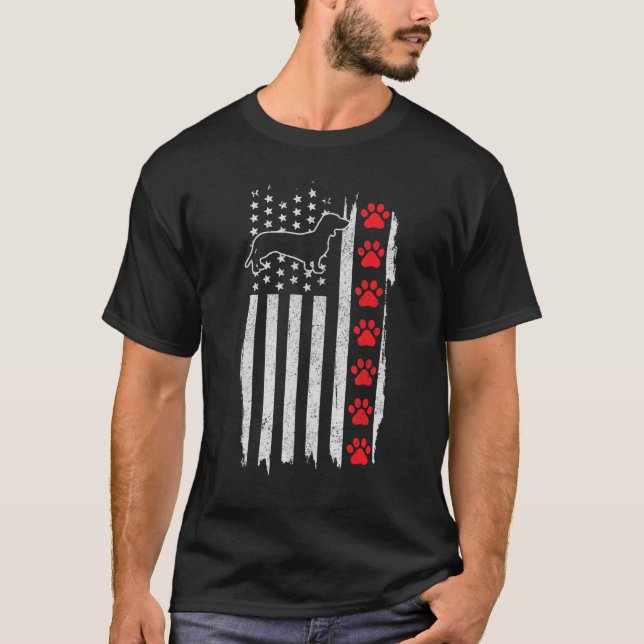Dachshund American Flagga 4:e juli Patriotic Wien T Shirt (Framsida)