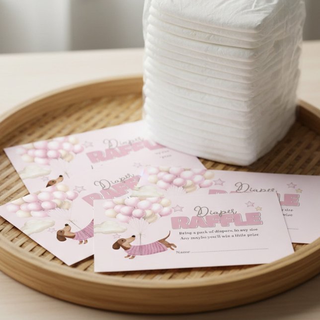 Dachshund and Balloons Pink Diaper Raffle Tilläggskort (Dachshund Teenie Weenie Diaper Raffle Card - Girl Baby Shower stationery.)