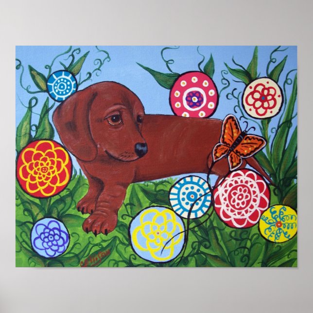 Dachshund and Butterfly Art Print Poster (Framsidan)