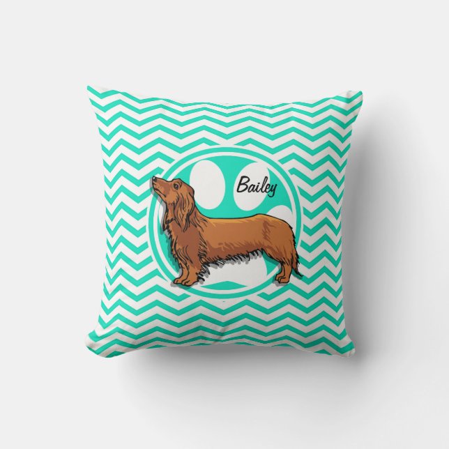 Dachshund, Aqua Grönt Chevron Kudde (Framsida)