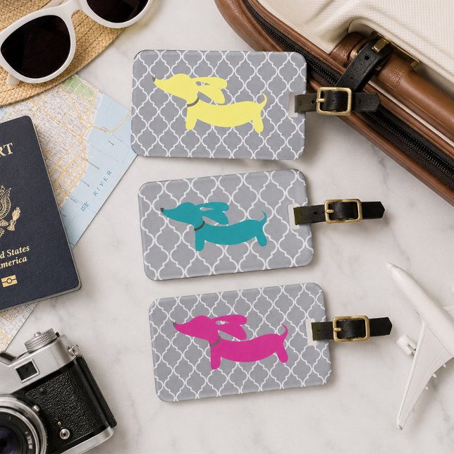 Dachshund Bagagetagg Blå & Grå Bagagebricka (Wiener dog luggage tag)
