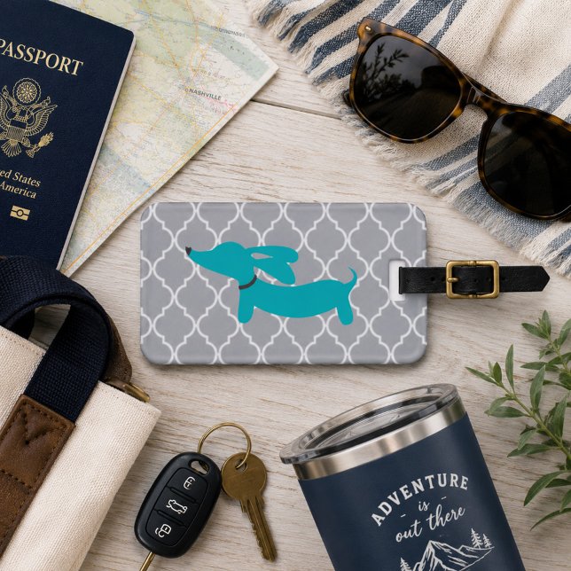 Dachshund Bagagetagg Blå & Grå Bagagebricka (Wiener dog luggage tag blue and gray)